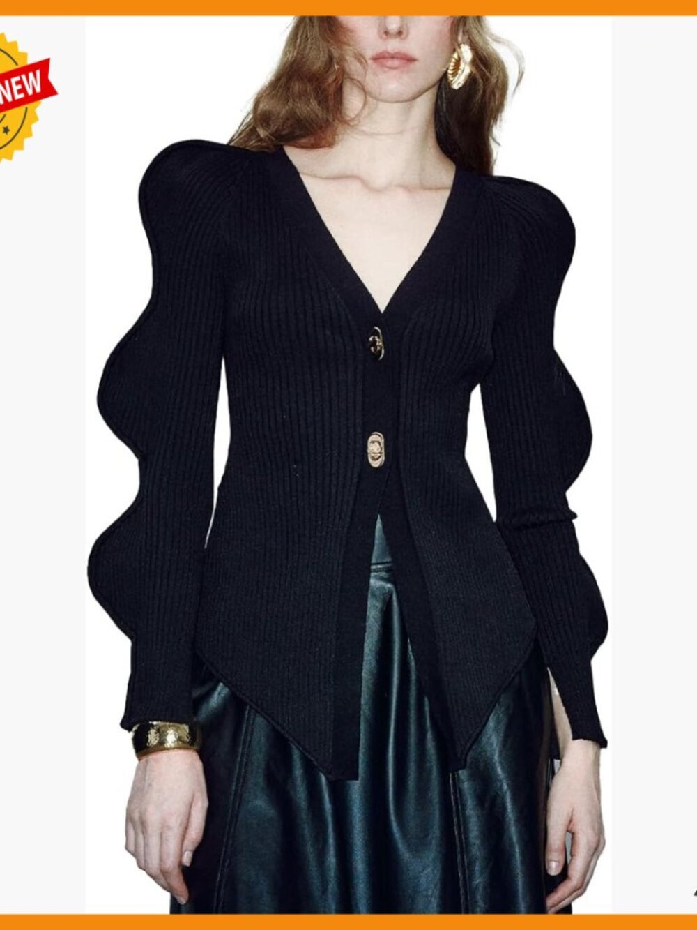 Long Sleeve V-Neck Cardigan with Gold Buttons, Open Front, Ruffle Sleeves